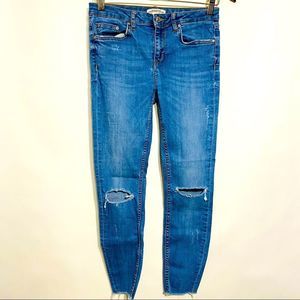 Zara Women's Skinny Jeans in Medium Blue with Knee Rips